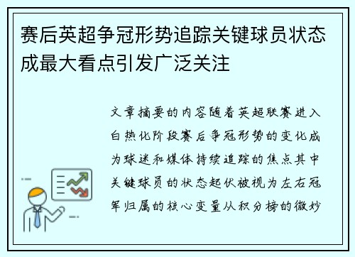 赛后英超争冠形势追踪关键球员状态成最大看点引发广泛关注