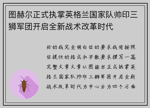 图赫尔正式执掌英格兰国家队帅印三狮军团开启全新战术改革时代