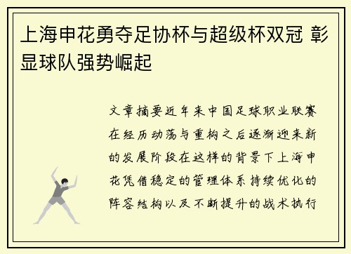 上海申花勇夺足协杯与超级杯双冠 彰显球队强势崛起